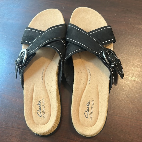 Clarks Collection Leather Criss Cross Slide Sandals ‘Reileigh May’ Black Size 12 - Picture 6 of 15